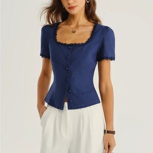 Rihoas Navy Square Neck Button Blouse